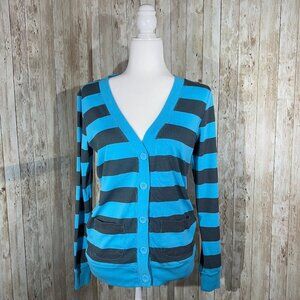 Women's Lilu Long Sleeve Cardigan | Blue & Gray | Button Up | V-Neck | Small